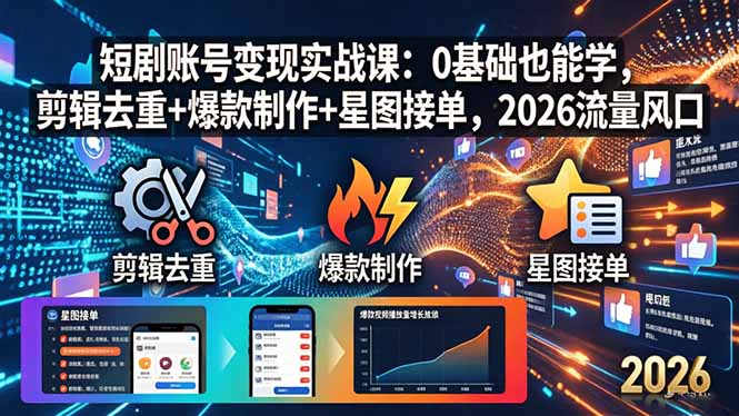 （18160期）短剧账号变现实战课：0基础也能学，剪辑去重+爆款制作+星图接单，2026流量风口_生财有道创业项目网-生财有道