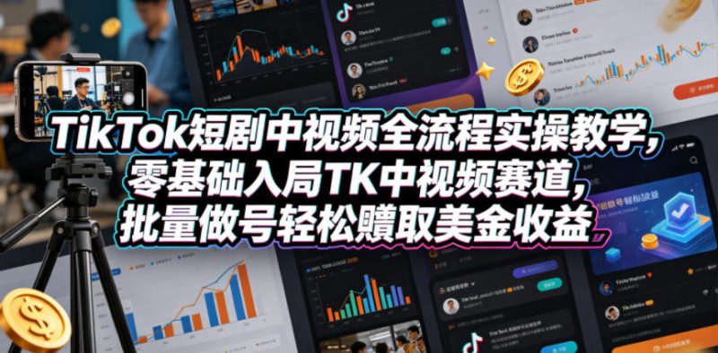 TikTok短剧中视频全流程实操教学，零基础入局TK中视频赛道，批量做号轻松賺取美金收益——生财有道创业项目网-生财有道