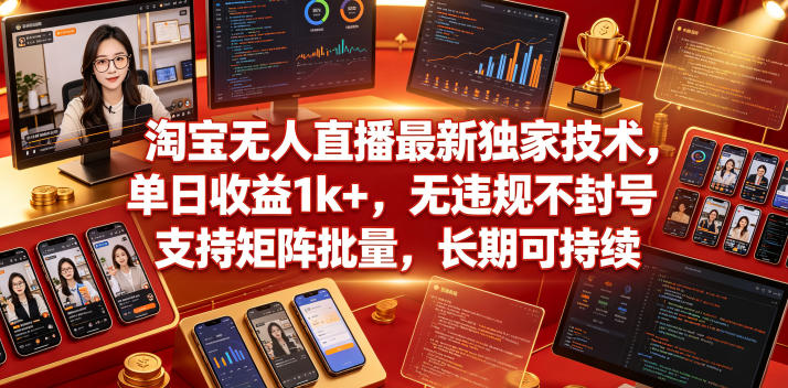 淘宝无人直播最新独家技术，单日收益1k+，无违规不封号，支持矩阵批量，长期可持续【揭秘】——生财有道创业项目网-生财有道