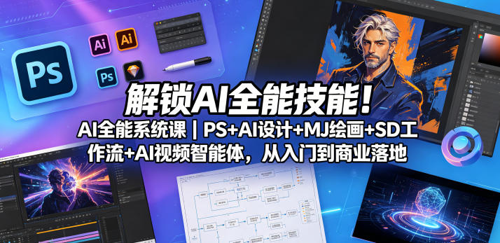 解锁AI全能技能！AI全能系统课｜PS+AI设计+MJ绘画+SD工作流+AI视频智能体，从入门到商业落地——生财有道创业项目网-生财有道