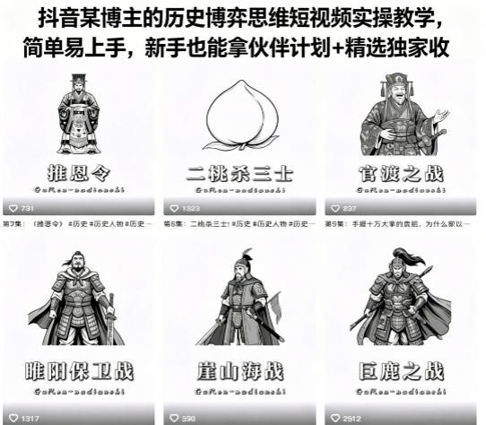抖音某博主的历史博弈思维短视频实操教学，简单易上手，新手也能拿伙伴计划+精选独家收益——生财有道创业项目网-生财有道