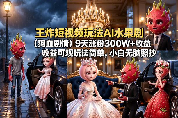 王炸短视频玩法AI水果剧（狗血剧情）9天涨粉300W+收益可观玩法简单，小白无脑照抄，详细拆解玩法——生财有道创业项目网-生财有道
