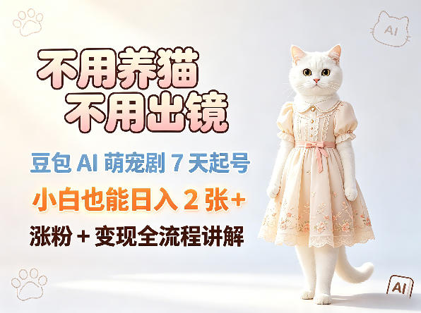 不用养猫不用出镜，豆包AI萌宠剧7天起号，小白也能日入2张+，涨粉+变现全流程讲解——生财有道创业项目网-生财有道