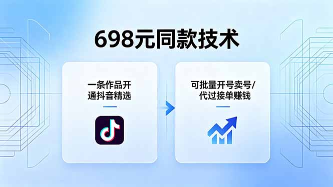 （18379期）698元同款技术：一条作品开通抖音精选，可批量开号卖号，也可代过接单赚钱_生财有道创业项目网-生财有道