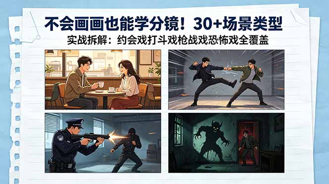 (18591期)不会画画也能学分镜!30+场景类型实战拆解:约会戏打斗戏枪战戏恐怖戏全覆盖_生财有道创业项目网-生财有道