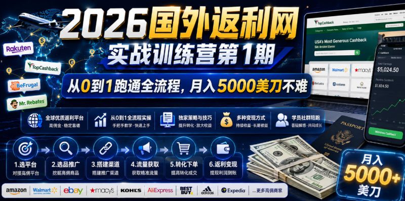 2026年国外返利网实战训练营第1期,从0到1跑通全流程,月入5000美刀不难——生财有道创业项目网-生财有道