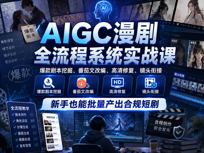 AIGC漫剧全流程系统实战课,爆款剧本挖掘、番茄文改编、高清修复、镜头衔接,新手也能批量产出合规短剧——生财有道创业项目网-生财有道