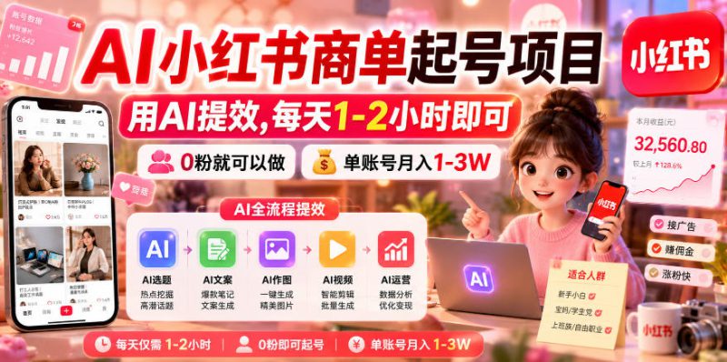 AI小红书商单起号项目，用AI提效,每天1-2小时即可，0粉就可以做，单账号月入1-3W——生财有道创业项目网-生财有道