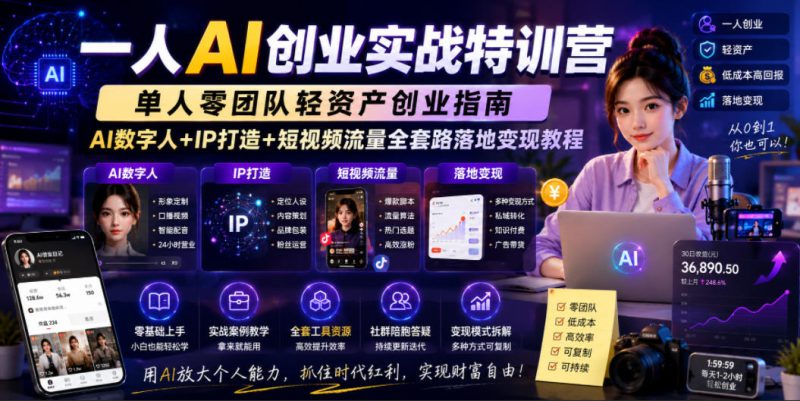 一人AI创业实战特训营，单人零团队轻资产创业指南，AI数字人+IP打造+短视频流量全套路落地变现教程——生财有道创业项目网-生财有道