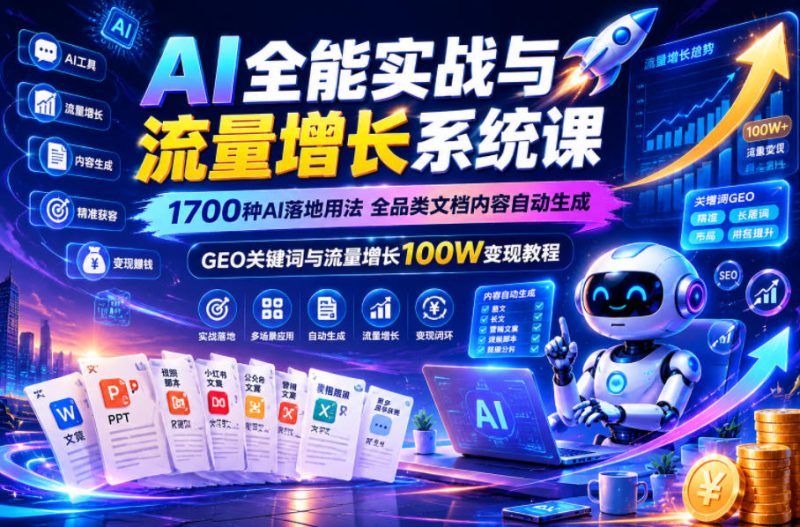 AI全能实战与流量增长系统课，1700种AI落地用法，全品类文档内容自动生成，GEO关键词与流量增长100W变现教程——生财有道创业项目网-生财有道