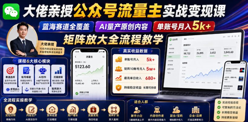 大佬亲授公众号流量主实战变现课，蓝海赛道全覆盖，AI量产原创内容，单账号月入5k+矩阵放大全流程教学——生财有道创业项目网-生财有道