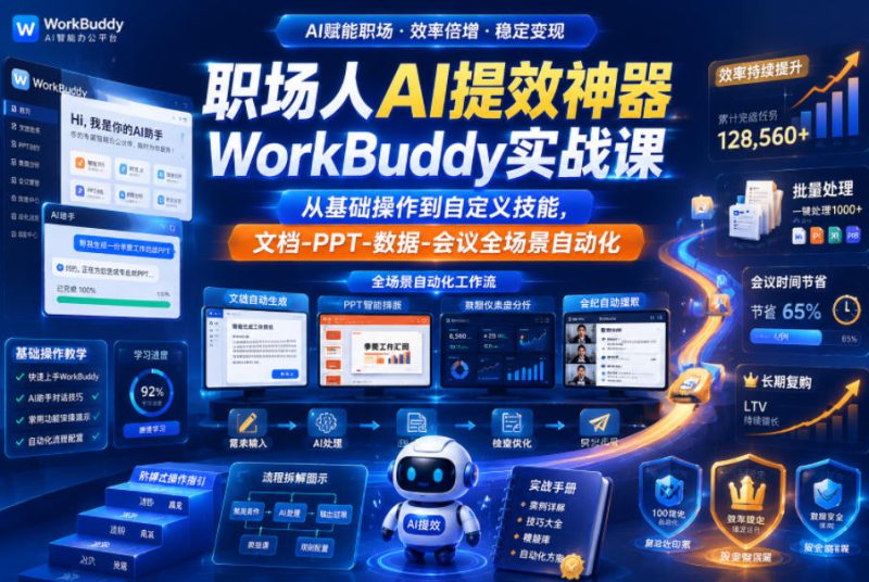 职场人AI提效神器WorkBuddy实战课，从基础操作到自定义技能，文档-PPT-数据-会议全场景自动化——生财有道创业项目网-生财有道