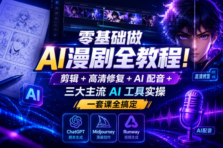 零基础做AI漫剧全教程!剪辑+高清修复+AI配音+三大主流AI工具实操,一套课全搞定——生财有道创业项目网-生财有道