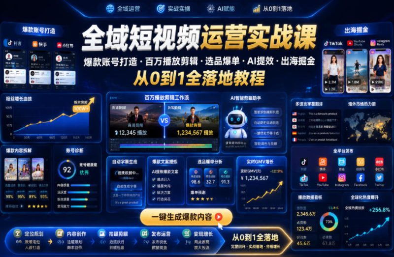 全域短视频运营实战课，爆款账号打造・百万播放剪辑・选品爆单・AI提效・出海掘金，从0到1全落地教程——生财有道创业项目网-生财有道