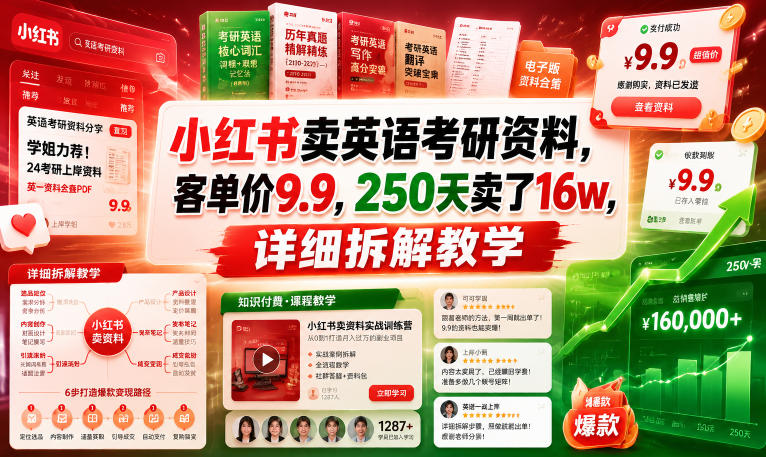 小红书卖英语考研资料，客单价9.9，250天卖了16w，详细拆解教学——生财有道创业项目网-生财有道