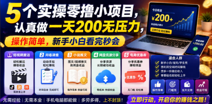 5个实操零撸小项目，认真做一天200无压力，操作简单，新手小白看完秒会【揭秘】——生财有道创业项目网-生财有道