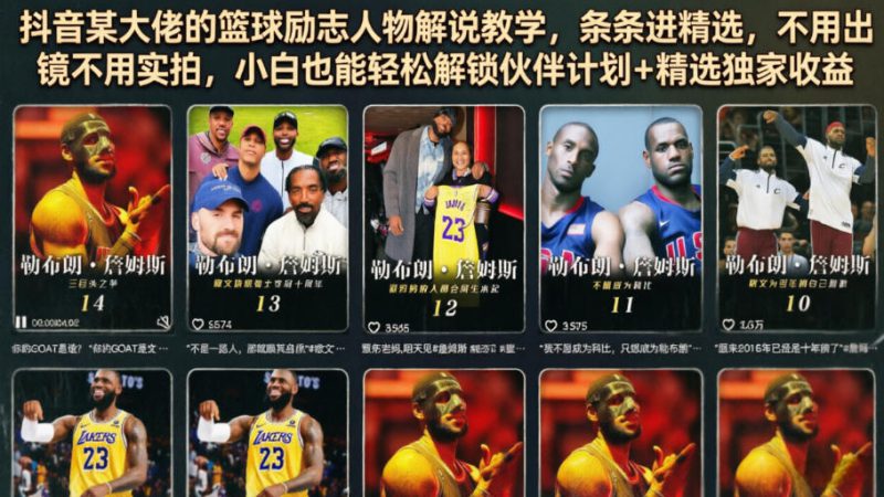 抖音某大佬的篮球励志人物解说教学，条条进精选，不用出镜不用实拍，小白也能轻松解锁伙伴计划+精选独家收益——生财有道创业项目网-生财有道