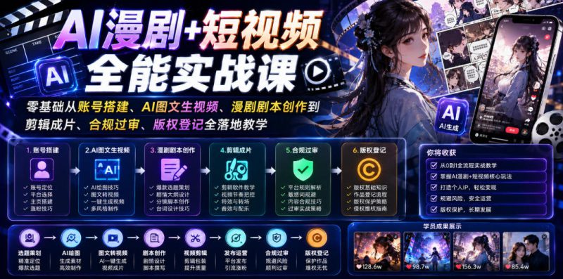 AI漫剧+短视频全能实战课｜零基础从账号搭建、AI图文生视频、漫剧剧本创作到剪辑成片、合规过审、版权登记全落地教学——生财有道创业项目网-生财有道