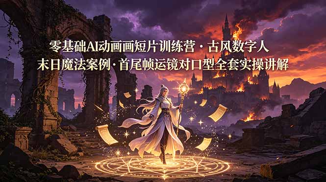 （19078期）零基础AI动画短片训练营，古风数字人末日魔法案例，首尾帧运镜对口型全套实操讲解_生财有道创业项目网-生财有道