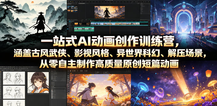 一站式AI动画创作训练营，涵盖古风武侠、影视风格、异世界科幻、解压场景，从零自主制作高质量原创短篇动画——生财有道创业项目网-生财有道
