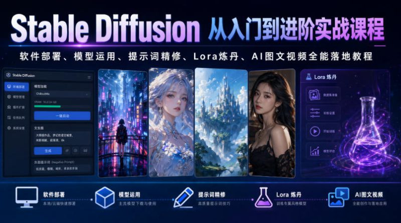 Stable Diffusion从入门到进阶实战课程|软件部署、模型运用、提示词精修、Lora炼丹、AI图文视频全能落地教程——生财有道创业项目网-生财有道