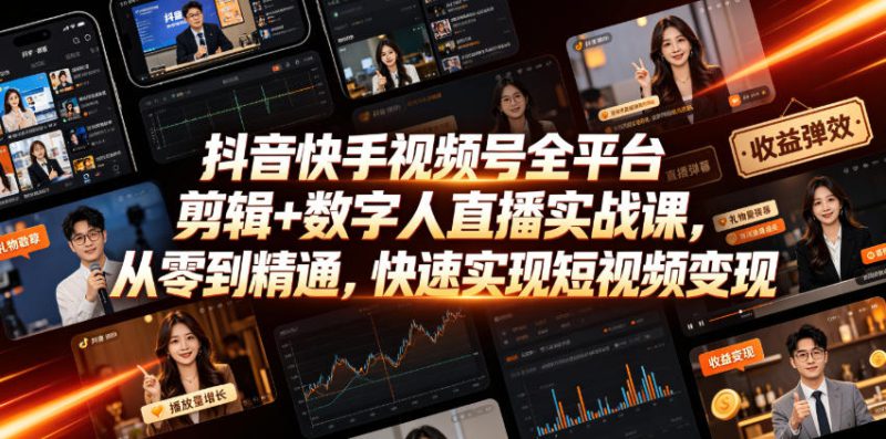 抖音快手视频号全平台剪辑+数字人直播实战课，从零到精通，快速实现短视频变现(更新2026年6月)​——生财有道创业项目网-生财有道