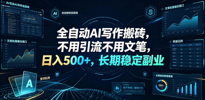 全自动AI写作搬砖，不用引流不用文笔，日入500+，长期稳定副业【揭秘】——生财有道创业项目网-生财有道