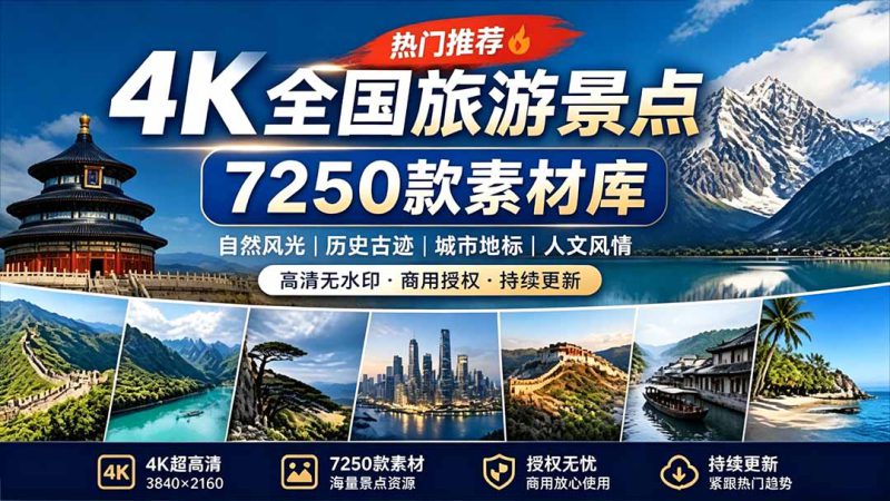（19309期）热门全国旅游风景素材！4K全国旅游景点素材库，7250款素材，旅行达人城市航拍风景风光高清短视频_生财有道创业项目网-生财有道