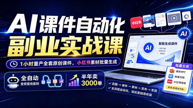 （19518期）AI课件自动化副业实战课：1小时量产全套原创课件×小红书素材批量生成×全自动变现管线×半年卖3000单_生财有道创业项目网-生财有道