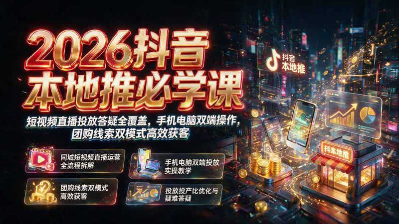 （19618期）2026抖音本地推必学课｜短视频直播投放答疑全覆盖，手机电脑双端操作，团购线索双模式高效获客_生财有道创业项目网-生财有道