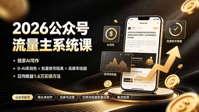 (19405期)2026公众号流量主系统课:独家AI写作×0-AI率润色×批量做号隔离×高爆率选题,日均收益1.6万实操方法_生财有道创业项目网-生财有道