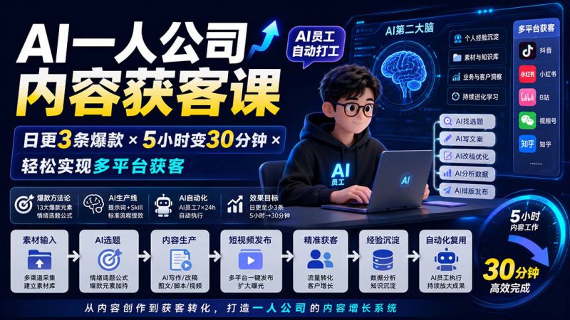 （20111期）AI一人公司内容获客课-更新8月：日更3条爆款×5小时变30分钟×AI员工自动打工，轻松实现多平台获客_生财有道创业项目网-生财有道