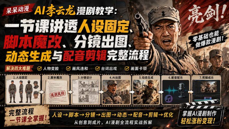 （20107期）呆呆动漫AI李云龙漫剧教学：一节课讲透人设固定、脚本魔改、分镜出图、动态生成与配音剪辑完整流程_生财有道创业项目网-生财有道