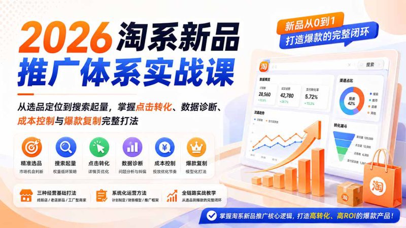 (19908期)2026淘系新品推广体系实战课:从选品定位到搜索起量,掌握点击转化、数据诊断、成本控制与爆款复制完整打法_生财有道创业项目网-生财有道