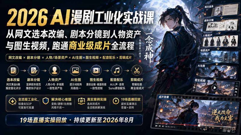 （20068期）2026 AI漫剧工业化实战课-更新：从网文选本改编、剧本分镜到人物资产与图生视频，跑通商业级成片全流程_生财有道创业项目网-生财有道