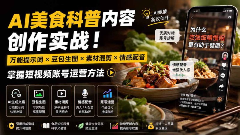 （19730期）外面卖199元-AI美食科普内容创作实战！万能提示词×豆包生图×素材混剪×情感配音，掌握短视频账号运营方法_生财有道创业项目网-生财有道