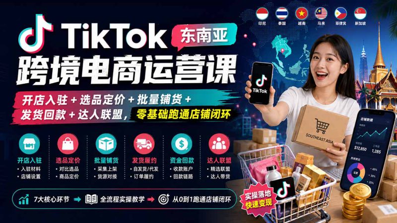 （20059期）TikTok东南亚跨境电商运营课：开店入驻+选品定价+批量铺货+发货回款+达人联盟，零基础跑通店铺闭环_生财有道创业项目网-生财有道