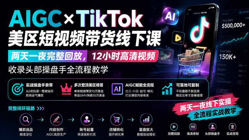 （19778期）AIGC×TikTok美区短视频带货线下课；两天一夜完整回放，12小时高清视频收录头部操盘手全流程教学_生财有道创业项目网-生财有道