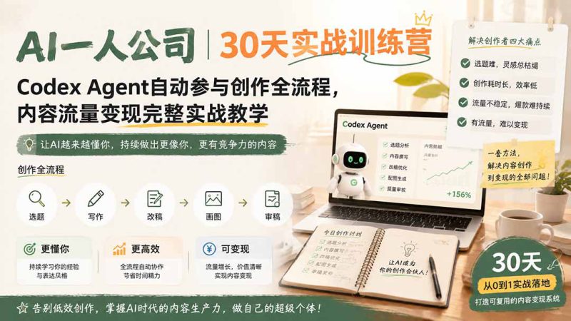 （19812期）AI一人公司｜30天实战训练营；Codex Agent自动参与创作全流程，内容流量变现完整实战教学_生财有道创业项目网-生财有道