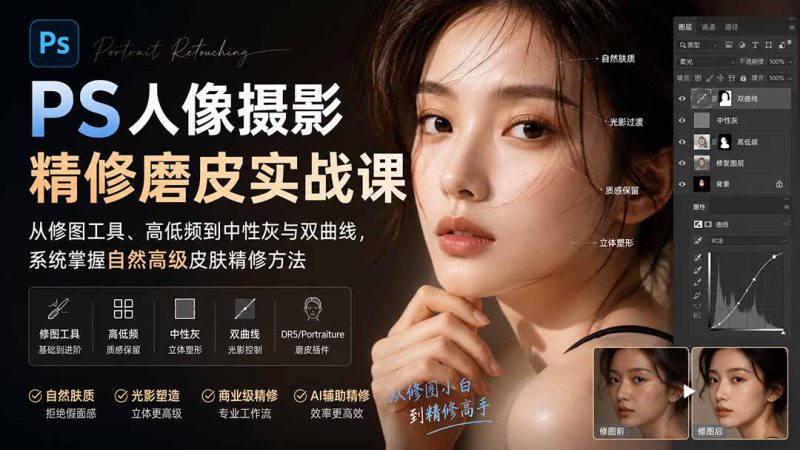 （20061期）PS人像摄影精修磨皮实战课：从修图工具、高低频到中性灰与双曲线，系统掌握自然高级皮肤精修方法_生财有道创业项目网-生财有道