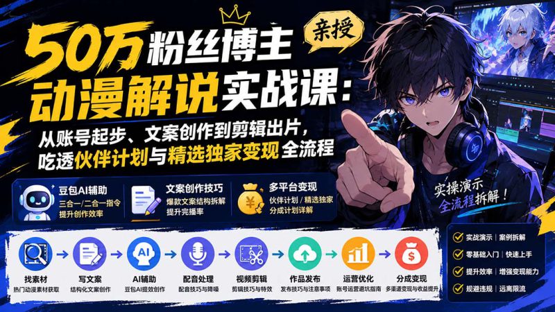 （20144期）50万粉丝博主亲授动漫解说实战课：从账号起步、文案创作到剪辑出片，吃透伙伴计划与精选独家变现全流程_生财有道创业项目网-生财有道