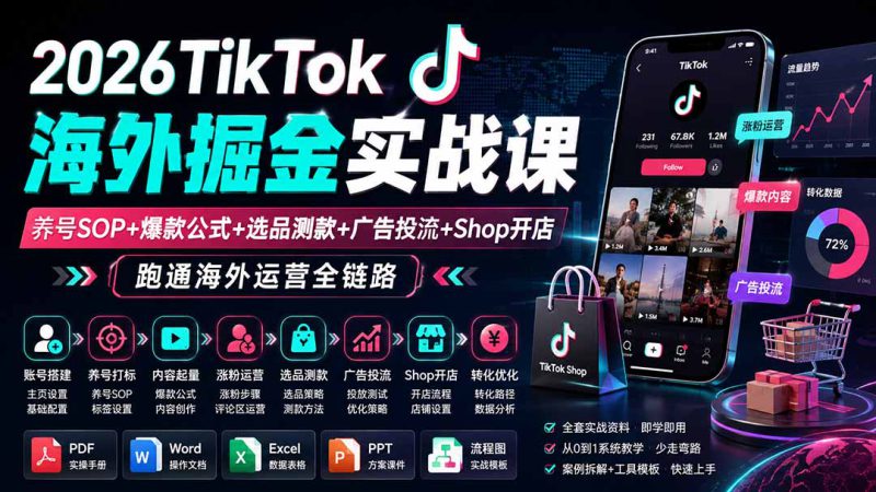 （19973期）2026TikTok海外掘金实战课——养号SOP+爆款公式+选品测款+广告投流+Shop开店，跑通海外运营全链路_生财有道创业项目网-生财有道