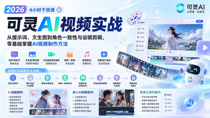 （20136期）2026可灵AI视频实战-4小时干货课：从提示词、文生图到角色一致性与运镜剪辑，零基础掌握AI视频制作方法_生财有道创业项目网-生财有道