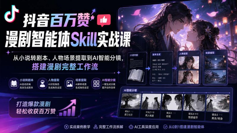 (20172期)抖音百万赞漫剧智能体Skill实战课:从小说转剧本、人物场景提取到AI智能分镜,搭建漫剧完整工作流_生财有道创业项目网-生财有道