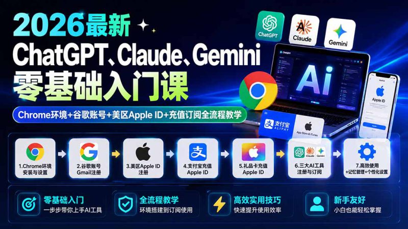 （19923期）2026最新ChatGPT、Claude、Gemini零基础入门课：Chrome环境+谷歌账号+美区Apple ID+充值订阅全流程教学_生财有道创业项目网-生财有道