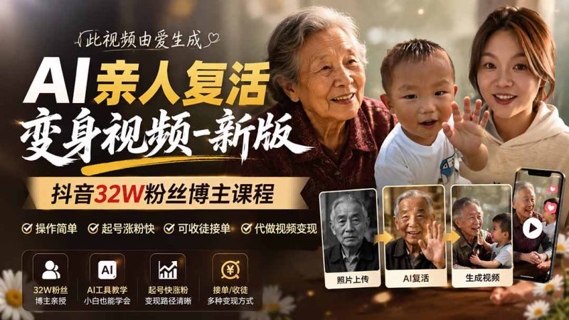 （19857期）AI亲人复活变身视频-新版，抖音32W粉丝博主课程，操作简单，起号涨粉快，可收徒接单代做视频变现_生财有道创业项目网-生财有道