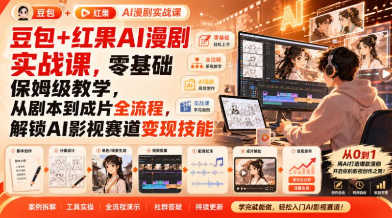 豆包+红果AI漫剧实战课，零基础保姆级教学，从剧本到成片全流程，解锁AI影视赛道变现技能——生财有道创业项目网-生财有道
