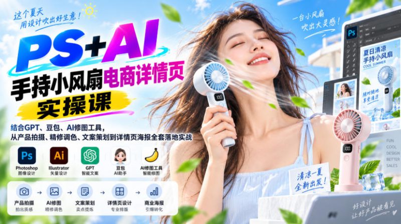 PS+AI手持小风扇电商详情页实操课｜结合GPT、豆包、AI修图工具，从产品拍摄、精修调色、文案策划到详情页海报全套落地实战——生财有道创业项目网-生财有道