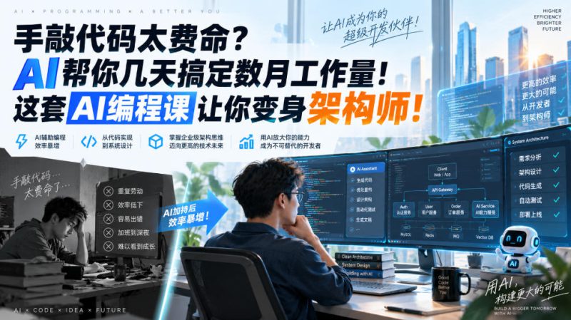 手敲代码太费命？AI帮你几天搞定数月工作量！这套AI编程课让你变身架构师！【原创双语字幕】——生财有道创业项目网-生财有道