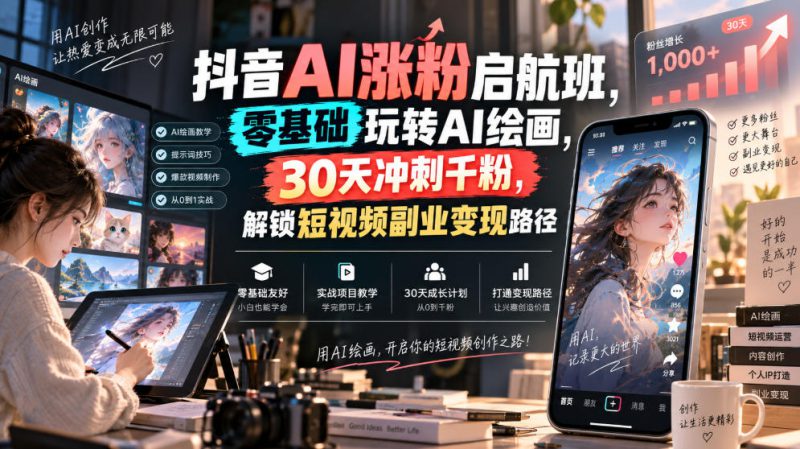 抖音AI涨粉启航班,零基础玩转AI绘画,30天冲刺千粉,解锁短视频副业变现路径——生财有道创业项目网-生财有道